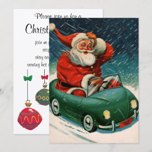 Invitación Navidad Vintage, Santa Claus en un Coche Encantado