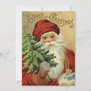 Invitación Navidad vintage, Santa Claus victoriano con árbol