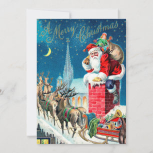 Invitación Navidad Vintage Santa Claus Victoriano en Chimenea