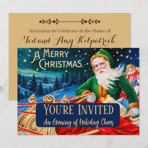 Invitación Navidad vintage Santa Trineo Noche estrellada