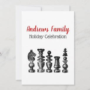 Invitación Navidad Xmas - Piezas de Ajedrez Arte Antiguo Vint