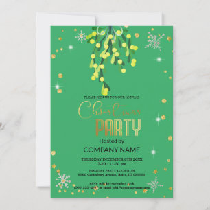 Invitación Navidad y muérdago verde, copos de nieve diamantes