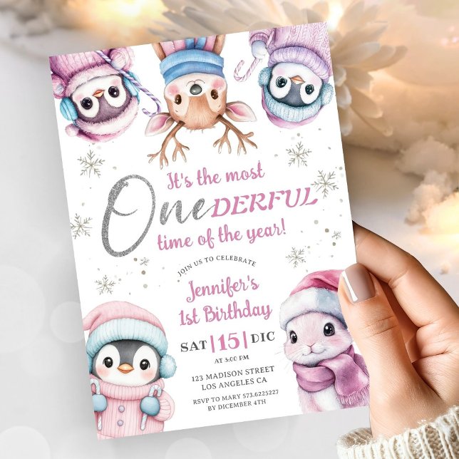 Invitación Navidades 1er cumpleaños animales de invierno rosa (Subido por el creador)