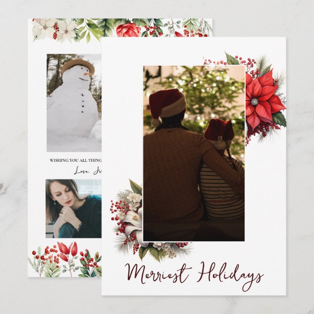 Invitación Navidades 3 foto acuarela floral botánica (Anverso / Reverso)