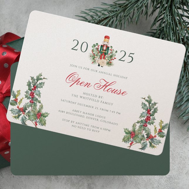 Invitación Navidades abren la vegetación de las Berries Rojas (Christmas Open House Red Berries Greenery Invitation)