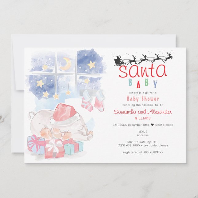 Invitación Navidades acuarela Celestial Santa Baby Shower (Anverso)