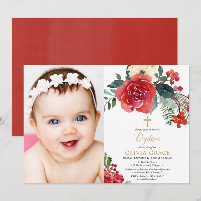 Invitación Navidades acuarela floral elegante fotobautismo (Anverso / Reverso)