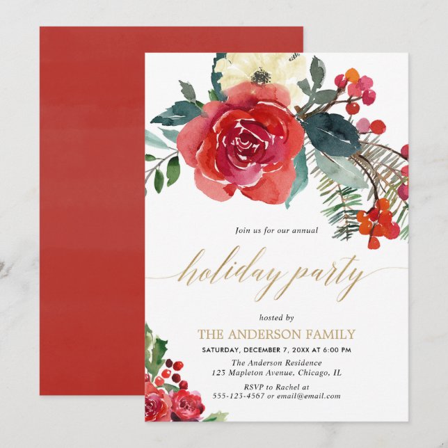 Invitación Navidades acuarela floral fiesta de vacaciones ele (Anverso / Reverso)
