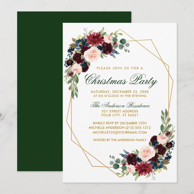 Invitación Navidades acuarela Floral Gold Fiesta Green (Anverso / Reverso)
