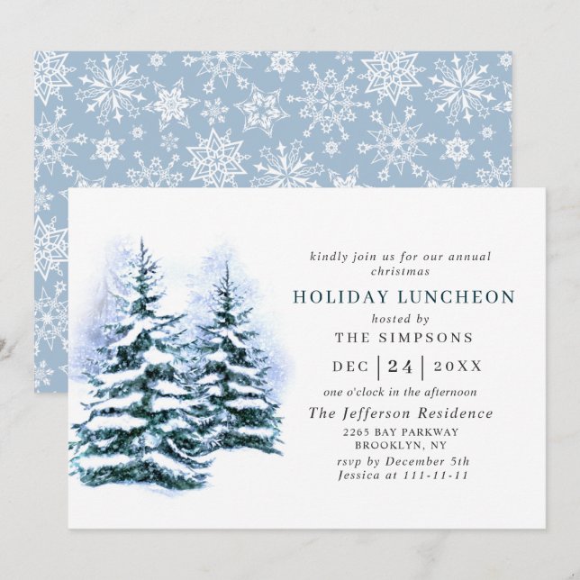 Invitación Navidades acuarelas de pino de vacaciones almuerzo (Anverso / Reverso)