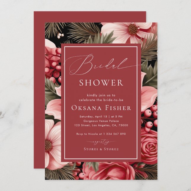 Invitación Navidades acuarelas Floral Winter Bridal Shower (Anverso / Reverso)