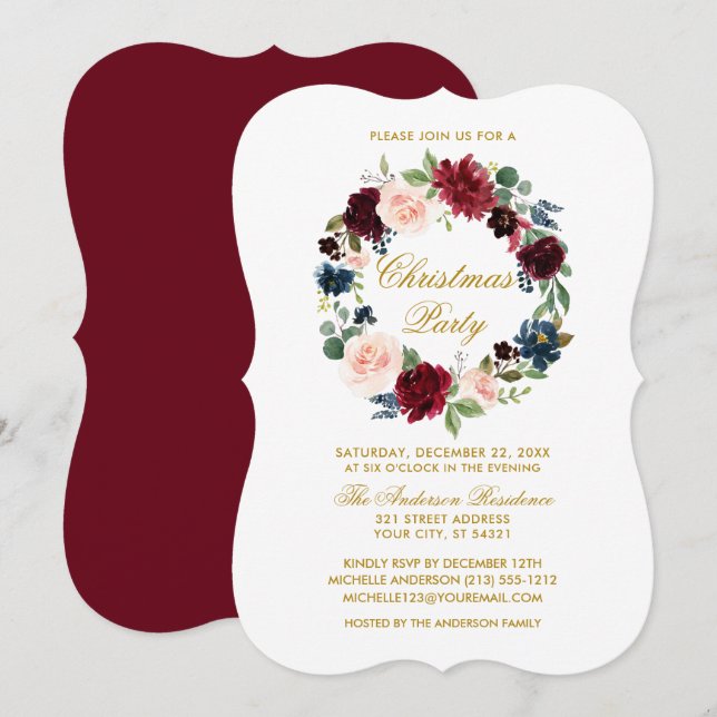 Invitación Navidades acuarelas Florales Fiesta Gold BR (Anverso / Reverso)