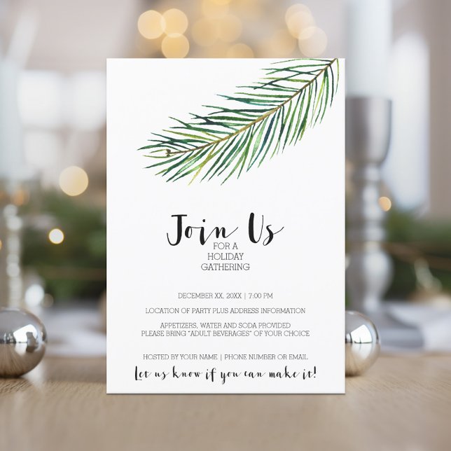 Invitación Navidades acuarelas modernos de la rama de vacacio (Holiday Invitation - Corporate Open House - Minimal Pine Branch Modern Calligraphy)