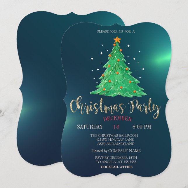 Invitación Navidades acuarelas Pine Tree,Green Company Fiesta (Anverso / Reverso)