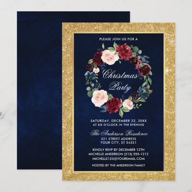Invitación Navidades acuarollas Fiesta Purpurina de oro (Anverso / Reverso)