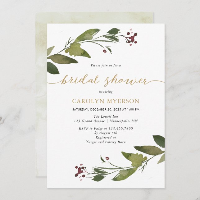 Invitación Navidades acuáticos Foliage Bridal Shower (Anverso / Reverso)
