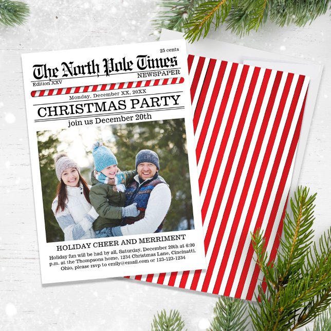 Invitación Navidades adoran diario de fiestas navideñas por c (A Cute fun whimsical Christmas party invitation with a fu newspaper template. )