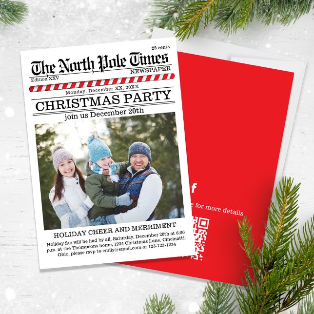 Invitación Navidades adoran el código QR de periódico de fies (A Cute fun whimsical Christmas party invitations with a QR code for social media sharing. )