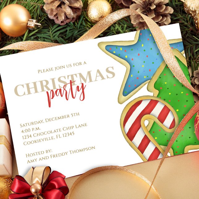 Invitación Navidades adoran las coloridas galletitas de Fiest (Christmas whimsical colorful cookie cutout invitation with watercolor cute cookies. )