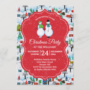 Invitación Navidades Aldea Fiesta Snowmen Pareja Skate Rojo