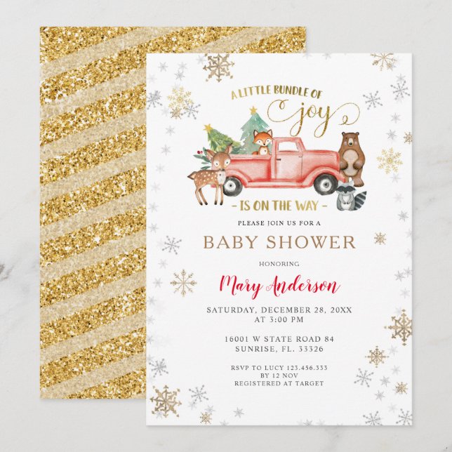 Invitación Navidades Alegres Red Truck Baby Shower Está En Ca (Anverso / Reverso)