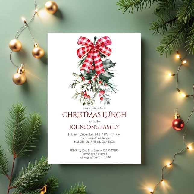 Invitación Navidades almorzan pinos del arco rojo (Boho Christmas lunch party invitation template red bow pines red berries invitation)