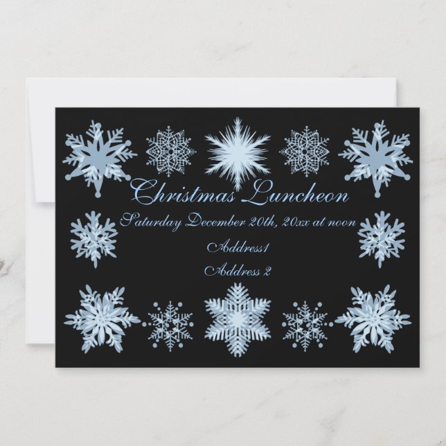Invitación Navidades almuerzo copos de nieve azules (Anverso)
