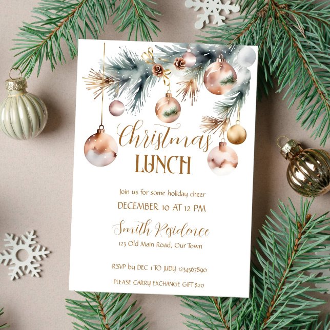 Invitación Navidades almuerzo fiesta boho acuarela nevado (Christmas lunch party snowy boho watercolor invitation template instant download rose gold baubles)