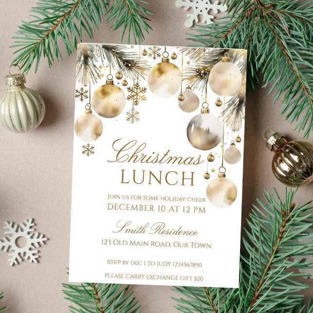 Invitación Navidades almuerzo fiesta boho acuarela nevado (Boho Christmas lunch party template invitation gold snowy baubles snowflakes winter wonderland)