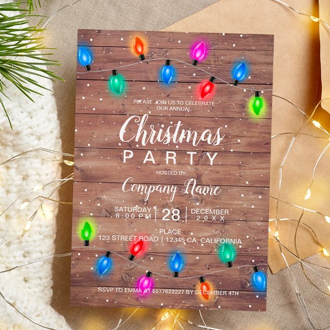 Invitación Navidades alumbran negocios de madera marrón empre (Christmas lights brown wood business corporate invitation)