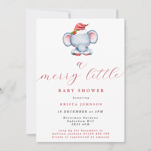 Invitación Navidades amables Elephant Merry Little Baby Showe (Anverso)