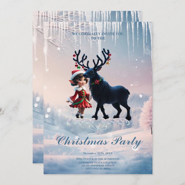 Invitación Navidades amables y renos oscuros. (Anverso / Reverso)