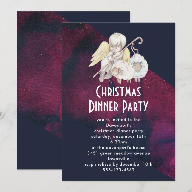 Invitación Navidades Angel Shepherd con Fiesta de cena de lam (Anverso / Reverso)