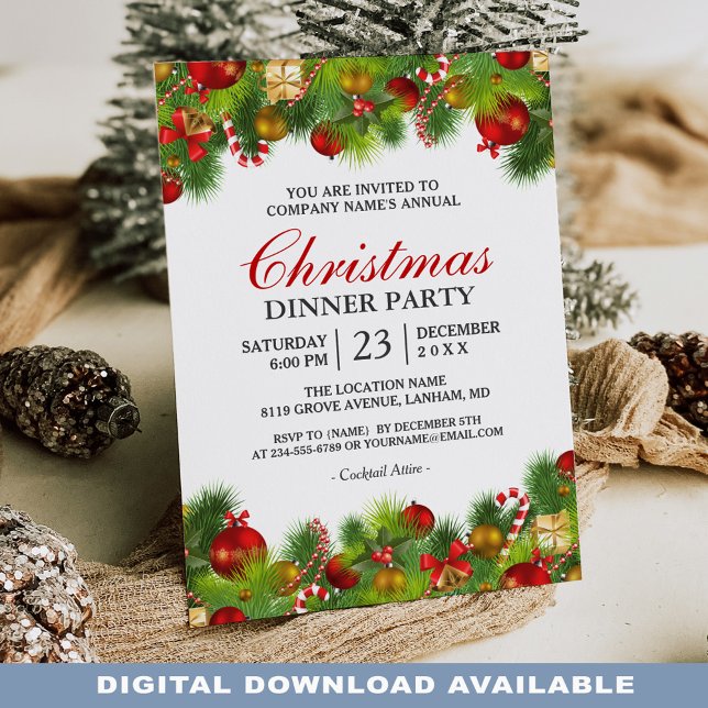 Invitación Navidades anuales de Xmas Baubles Pines Berries (Share the excitement of the season with your loved ones by sending them this delightful invitation.)