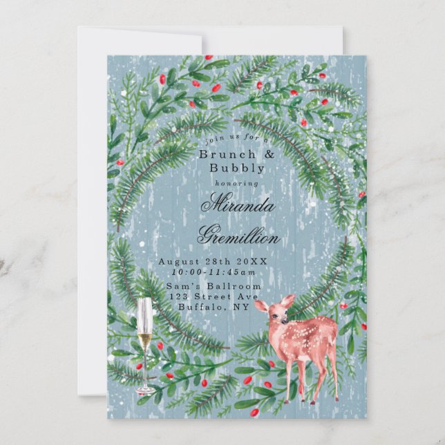Invitación Navidades azul turbio brunch de venado y burbujean (Anverso)