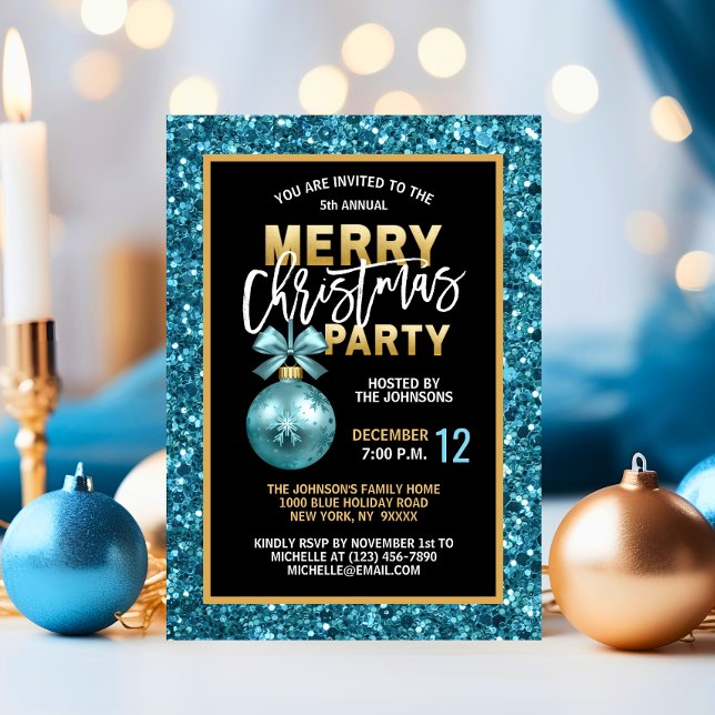 Invitación Navidades azul turquesa FIESTA Purpurina de oro ne (Turquoise Blue Christmas PARTY Black Gold Glitter Invitation)