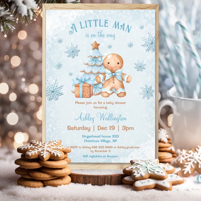 Invitación Navidades azules del hombre de pan de jengibre Bab (Gingerbread Man Boy Blue Christmas Baby Shower Invitation)