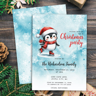 Invitación Navidades azules del pingüino festivo de patinaje