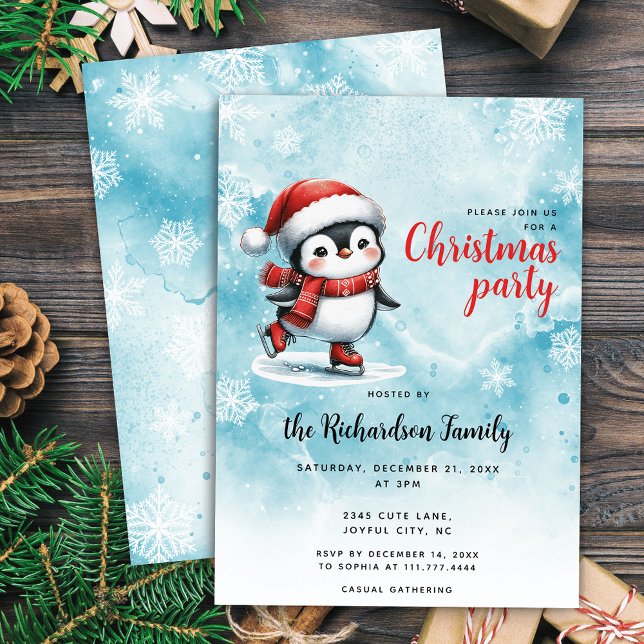 Invitación Navidades azules del pingüino festivo de patinaje  (Subido por el creador)