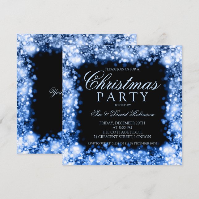 Invitación Navidades azules Fiesta Luces esparcantes (Anverso / Reverso)