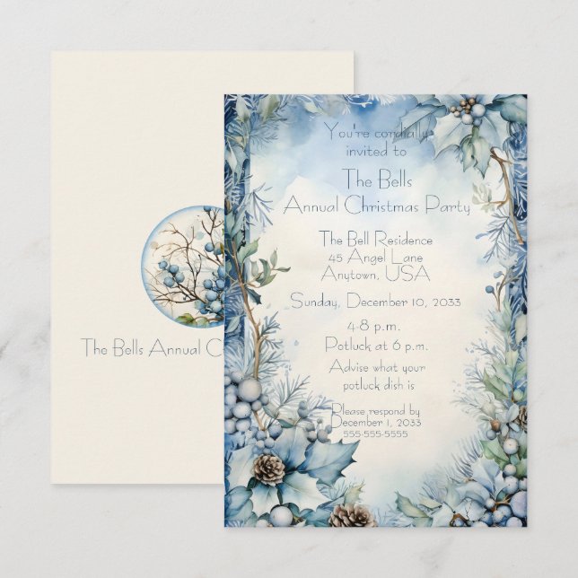 Invitación Navidades azules Flores Fiesta anual de Navidades (Anverso / Reverso)