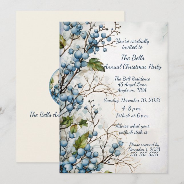 Invitación Navidades azules Flores Fiesta anual de Navidades (Anverso / Reverso)