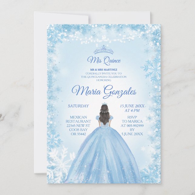 Invitación Navidades azules invitan a la princesa Quinceanera (Anverso)