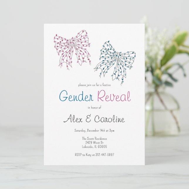 Invitación Navidades azules rosados doblan a Fiesta de revela (Anverso de pie)