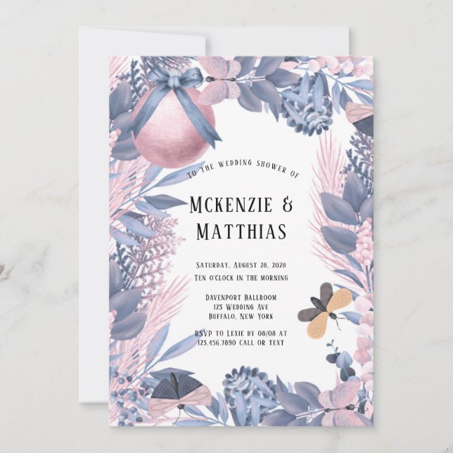 Invitación Navidades azules rosados ducha de matrimonio flora (Anverso)