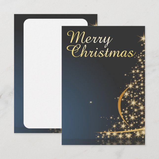Invitación Navidades azules Tema con árbol de Navidad dorado (Anverso / Reverso)