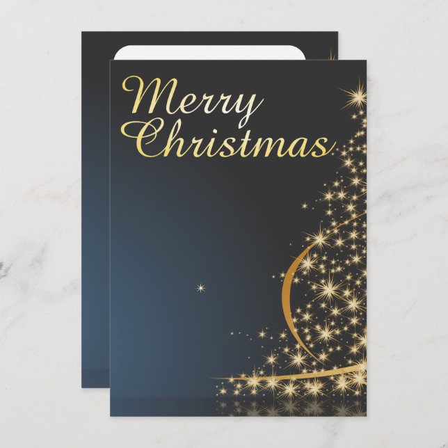 Invitación Navidades azules Tema con árbol de Navidad dorado (Anverso / Reverso)