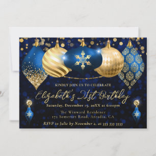 Invitación Navidades azules y dorados Baubles Fiesta de cumpl