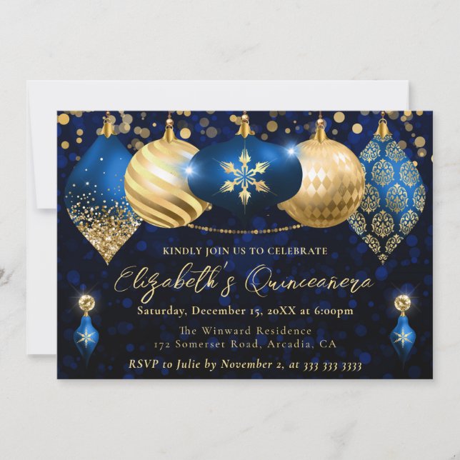 Invitación Navidades azules y dorados baubles Quinceanera (Anverso)
