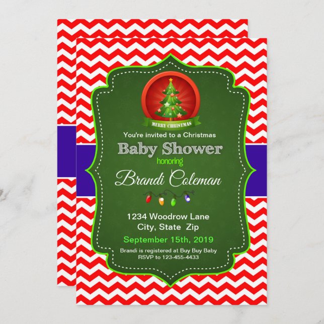 Invitación Navidades Baby Shower Chevron Red Blue & Green Inv (Anverso / Reverso)